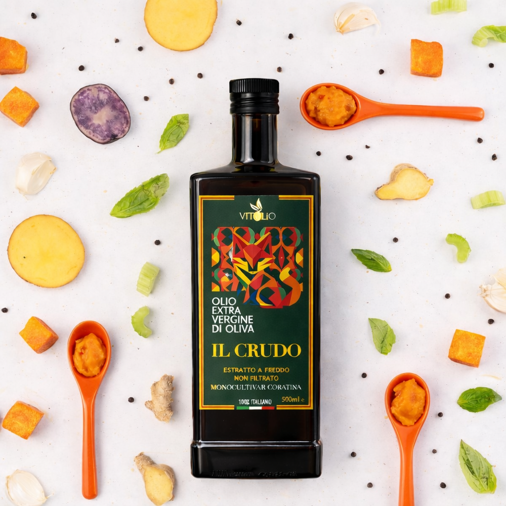 Orci in ceramica artigianale colorata contenenti Olio Extravergine di Oliva Pugliese VitOlio 1955