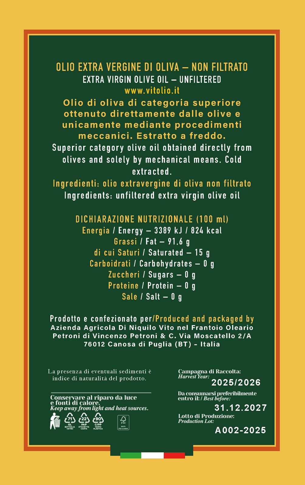 Olio EVO Coratina Artigianale – Bottiglia 500 ml
