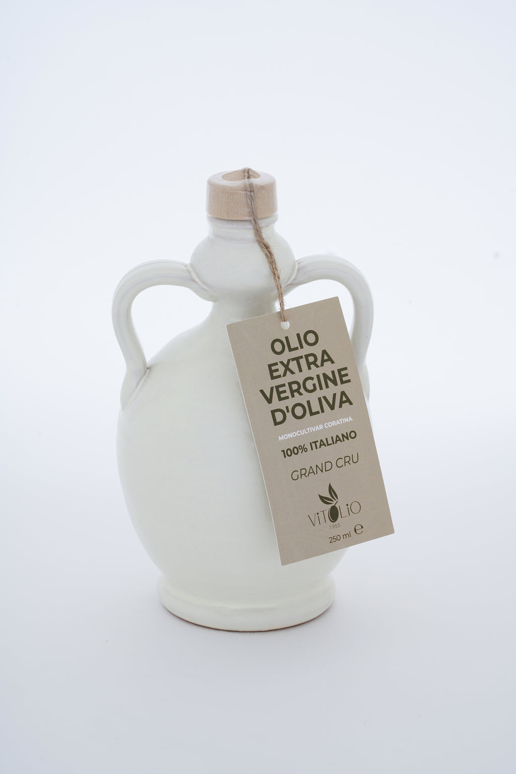 Bottiglia bianca in ceramica con etichetta Olio Extravergine di Oliva 250 ml