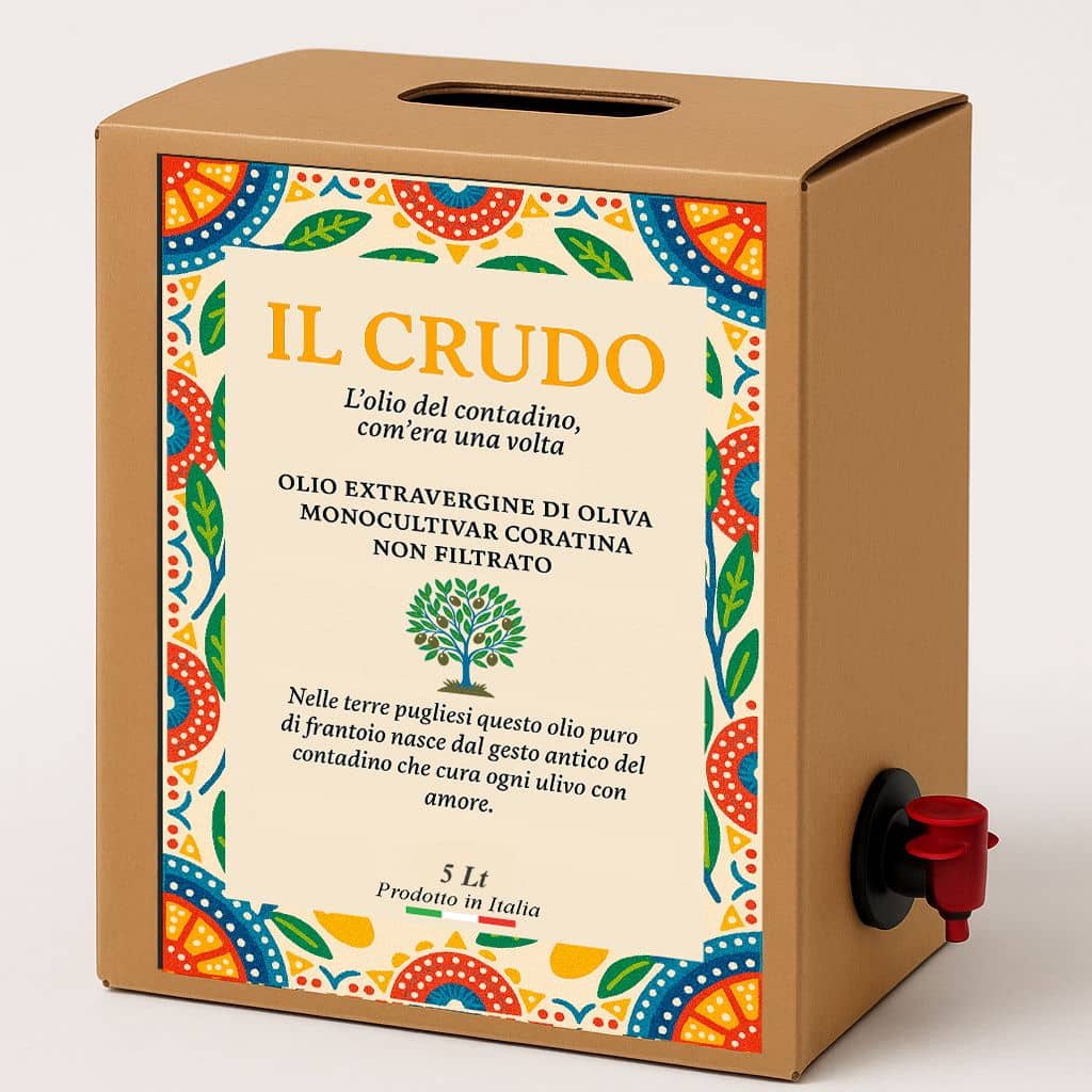 Confezione da 5 litri di olio extravergine di oliva pugliese artigianale non filtrato in scatola di cartone