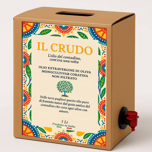 Confezione da 5 litri di olio extravergine di oliva pugliese artigianale non filtrato in scatola di cartone