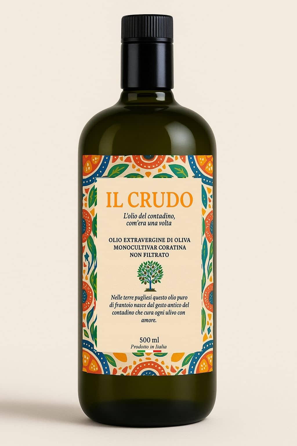 Olio EVO Coratina artigianale 500 ml in bottiglia verde con etichetta colorata e informazioni sul prodotto